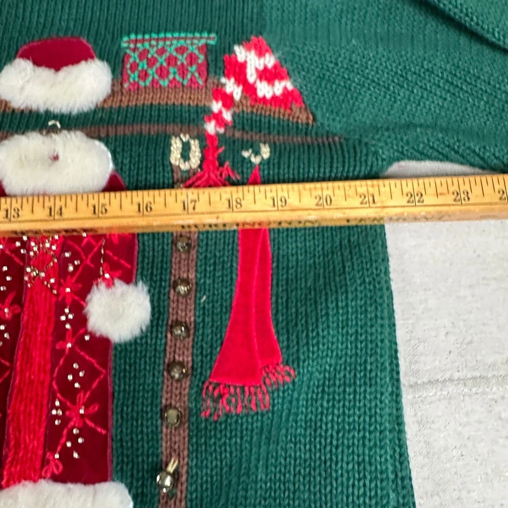 Susan Bristol Vintage 90s Christmas Cardigan Sweater Green Embroidered‎ Novelty